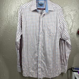 Johnston & Murphy White Long Sleeve Button Up Tailored Fit Check Shirt Mens Sz L